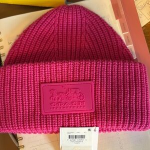 Coach Pink Beanie with Ribbed Knit and Embossed Logo